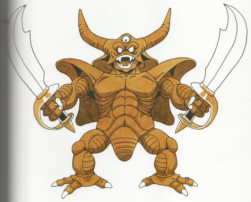 1990s_(style) 1boy absurdres aqua_eyes claws dark_skin dragon_quest dragon_quest_iv dual_wielding estark fangs fingernails full_body highres holding holding_sword holding_weapon horns male_focus monster monster_focus muscular no_humans official_art open_mouth retro_artstyle scan sharp_fingernails solo sword third-party_source toriyama_akira triclops weapon white_background