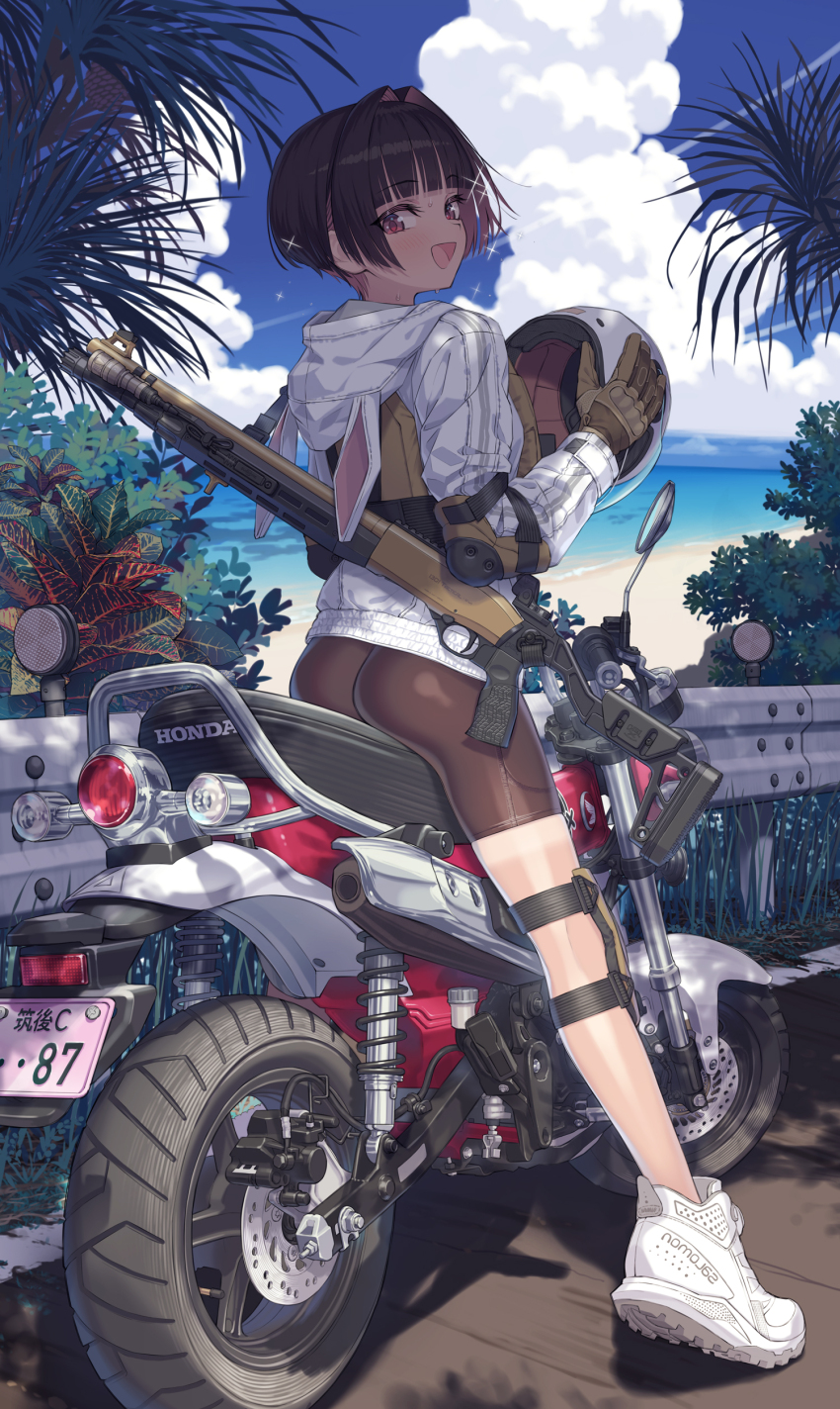 1girl absurdres beach beretta_1301 bike_shorts black_hair blue_sky cloud day elbow_pads full_body gloves guard_rail gun helmet highres holding holding_helmet honda hood hood_down knee_pads license_plate long_sleeves looking_at_viewer looking_back motor_vehicle motorcycle motorcycle_helmet ocean open_mouth original outdoors red_eyes road samaru_(seiga) shoes short_hair shotgun sky smile sneakers solo sparkle sweat traffic_barrier tree unworn_headwear unworn_helmet weapon