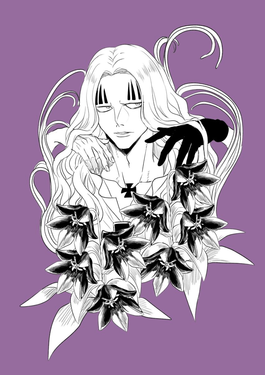 1boy basil_hawkins closed_mouth cross cross_patty facial_mark flower frilled_shirt frills gloves highres long_hair long_sleeves matsurika_0707 monochrome one_piece purple_background shirt solo white_shirt