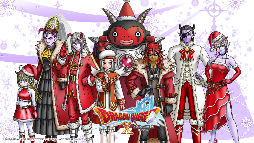 4boys 4girls ahoge artist_request ascot azbar_(dragon_quest) black_dress black_hair black_horns blonde_hair blunt_bangs bow christmas coat colored_skin copyright_logo dark-skinned_male dark_skin demon_boy demon_girl demon_oracle_(dq10) dragon_quest dragon_quest_x dress elgadora eyepatch fake_wings frilled_socks frills fur-trimmed_coat fur_trim gloves hair_pulled_back hair_slicked_back hairband hand_on_own_hip hat highres horns illusia_(dq10) jewelry midriff mother_and_son multiple_boys multiple_girls najinn_(dragon_quest) navel necklace official_art official_wallpaper pointy_ears purple_hair purple_hairband red_bow red_coat red_eyes red_gloves red_hair red_horns red_skin rinverry santa_costume santa_dress santa_hat skull_necklace socks studded_choker tan third-party_source valeria_(dragon_quest) white_hair white_wings wings yellow_ascot yellow_eyes yushuka_(dragon_quest)