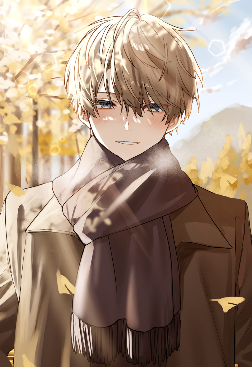 1boy autumn autumn_leaves blonde_hair blue_eyes blurry blurry_background blush brown_coat brown_neckerchief coat commentary_request falling_leaves hair_between_eyes highres huzurina_suruba leaf looking_at_viewer male_focus nature neckerchief original outdoors short_hair smile solo steam_from_mouth sunlight teeth upper_body