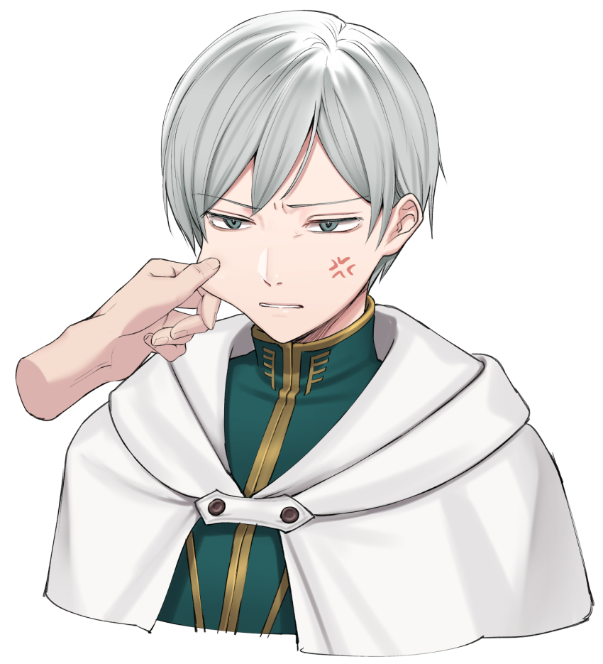 1boy 1other anger_vein angry blue_eyes cape cheek_pinching commentary_request grey_hair highres nulpoppochan octopath_traveler octopath_traveler_ii pinching short_hair simple_background temenos_mistral v-shaped_eyebrows white_background white_cape