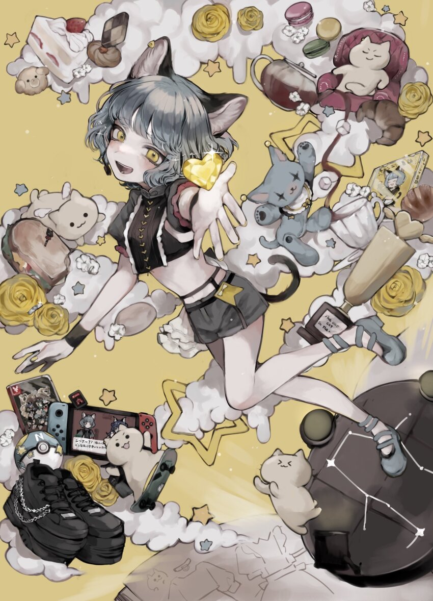 1girl animal_ears ankle_strap black_shirt blush book bread_bun cake cat_ears cat_girl cat_tail checkerboard_cookie cloud commentary constellation constellation_request cookie creature cropped_shirt cup denim denim_shorts faux_figurine flower food full_body game_cartridge gem glowing_book grey_hair grey_shoes heart-shaped_gem highres kamitsubaki_studio looking_at_viewer macaron manuka_x_x midriff nina_(valis) nintendo_switch object_floating_above_hand open_book open_mouth outstretched_arm outstretched_hand platform_shoes poke_ball puffy_short_sleeves puffy_sleeves rara_(valis) rose shirt shoes short_hair short_shorts short_sleeves shorts simple_background sinsekai_record smile solo sparkle star_(symbol) strawberry_shortcake stuffed_animal stuffed_cat stuffed_toy symbol-only_commentary tail teacup trophy unworn_shoes valis_(sinsekai) video_game wavy_hair wristband yellow_background yellow_eyes yellow_flower yellow_gemstone yellow_rose
