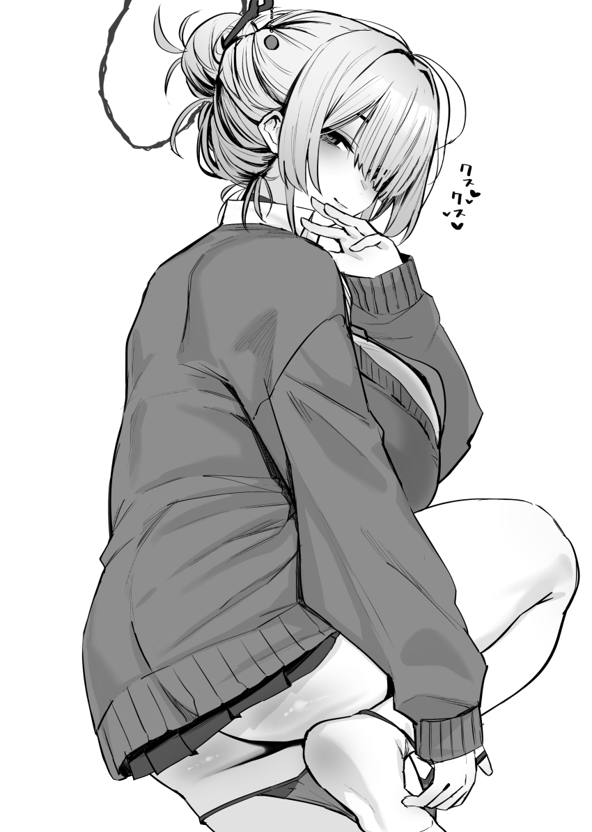 1girl absurdres ass bags_under_eyes blazer breasts greyscale hair_bun halo highres hotate-chan itokonoue_kaoru jacket large_breasts long_hair looking_at_viewer miniskirt monochrome panties panty_pull pleated_skirt project_kv school_uniform skirt solo underwear
