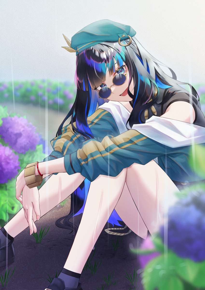 1girl aboreen absurdres black_hair blue_hair bracelet fate/grand_order fate_(series) green_headwear highres jewelry looking_at_viewer looking_over_eyewear multicolored_hair rain sitting solo sunglasses tenochtitlan_(fate) tenochtitlan_(second_ascension)_(fate)