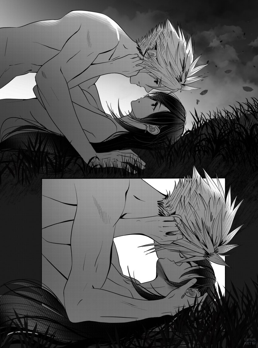 1boy 1girl absurdres bare_shoulders boy_on_top breasts closed_mouth cloud cloud_strife cloudy_sky couple earrings eye_contact final_fantasy final_fantasy_vii final_fantasy_vii_remake from_side grass greyscale hand_on_another&#039;s_head hetero highres jewelry kiss large_breasts long_hair looking_at_another lying monochrome nude on_back outdoors safaia sequential short_hair single_earring sky spiked_hair square_enix stomach teardrop_earring tifa_lockhart toned toned_male upper_body