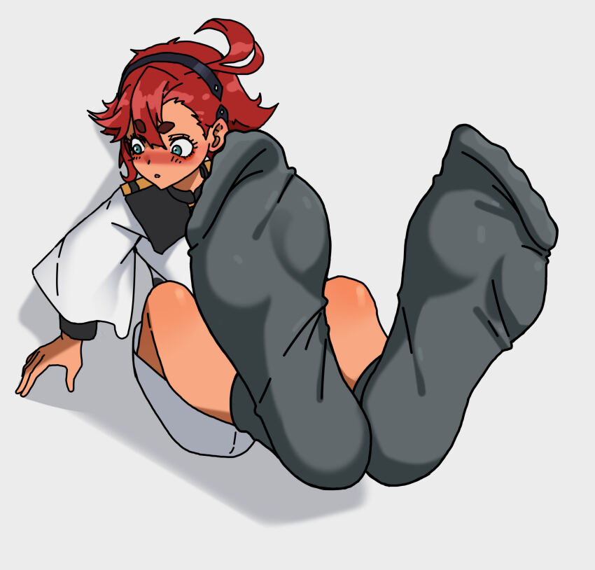1girl absurdres black_socks blue_eyes blush feet gundam gundam_suisei_no_majo highres long_hair looking_to_the_side parted_lips paxa349 red_hair socks soles suletta_mercury toes