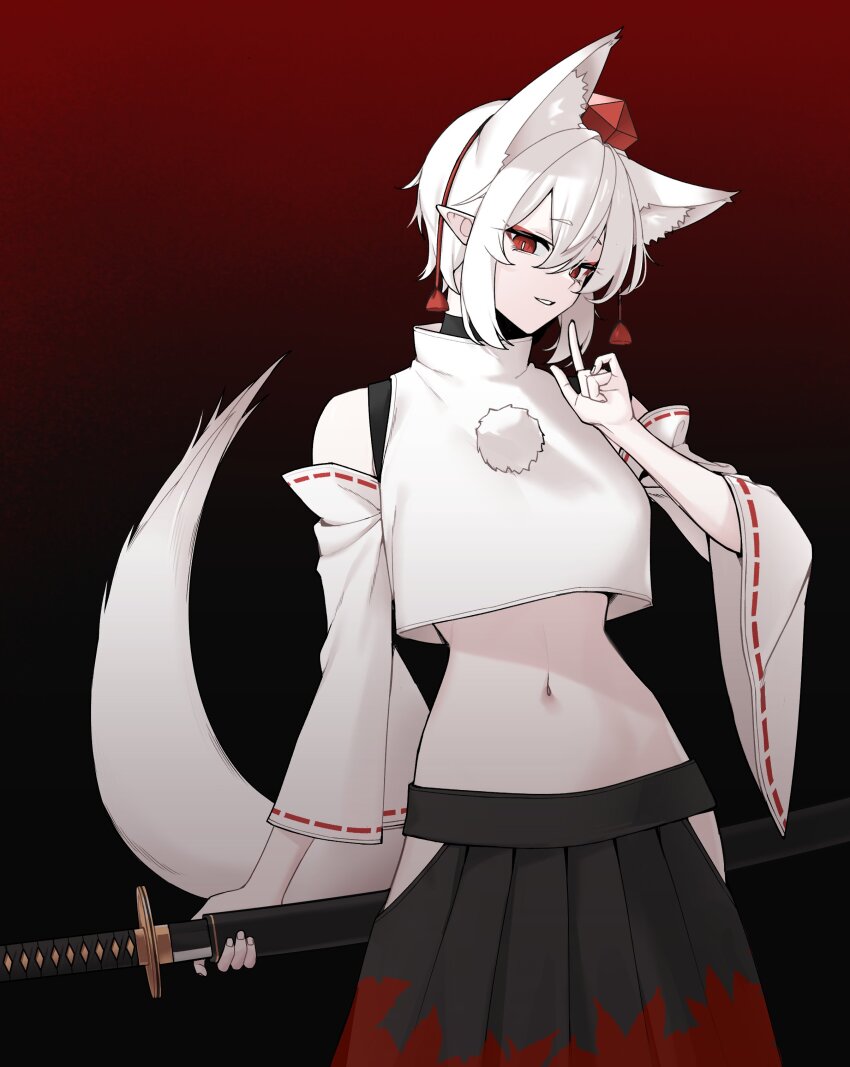 1641_(chfhrtor94) 1girl absurdres animal_ears bare_shoulders black_background black_skirt breasts detached_sleeves gradient_background hair_between_eyes hat highres holding holding_sword holding_weapon index_finger_raised inubashiri_momiji leaf_print looking_at_viewer maple_leaf_print medium_breasts navel red_background red_eyes shirt short_hair skirt smile solo sword tail tokin_hat touhou weapon white_hair white_shirt wolf_ears wolf_girl wolf_tail