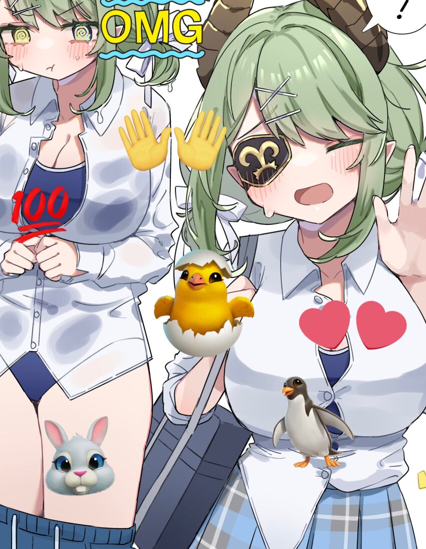 1girl :t ? @_@ alternate_costume bird blue_one-piece_swimsuit blue_skirt blush bow breasts brown_horns button_gap buttons chick cleavage closed_eyes closed_mouth collared_shirt commentary_request cowboy_shot curled_horns demon_girl demon_horns emoji eyepatch hair_bow heart highres horns large_breasts long_sleeves looking_at_viewer medium_hair multiple_views nanashi_inc. one-piece_swimsuit open_mouth penguin plaid_clothes plaid_skirt pleated_skirt pointy_ears sekishiro_mico shirt skirt smile swimsuit swimsuit_under_clothes tamotsu_(mary) unbuttoning virtual_youtuber waving white_bow white_shirt