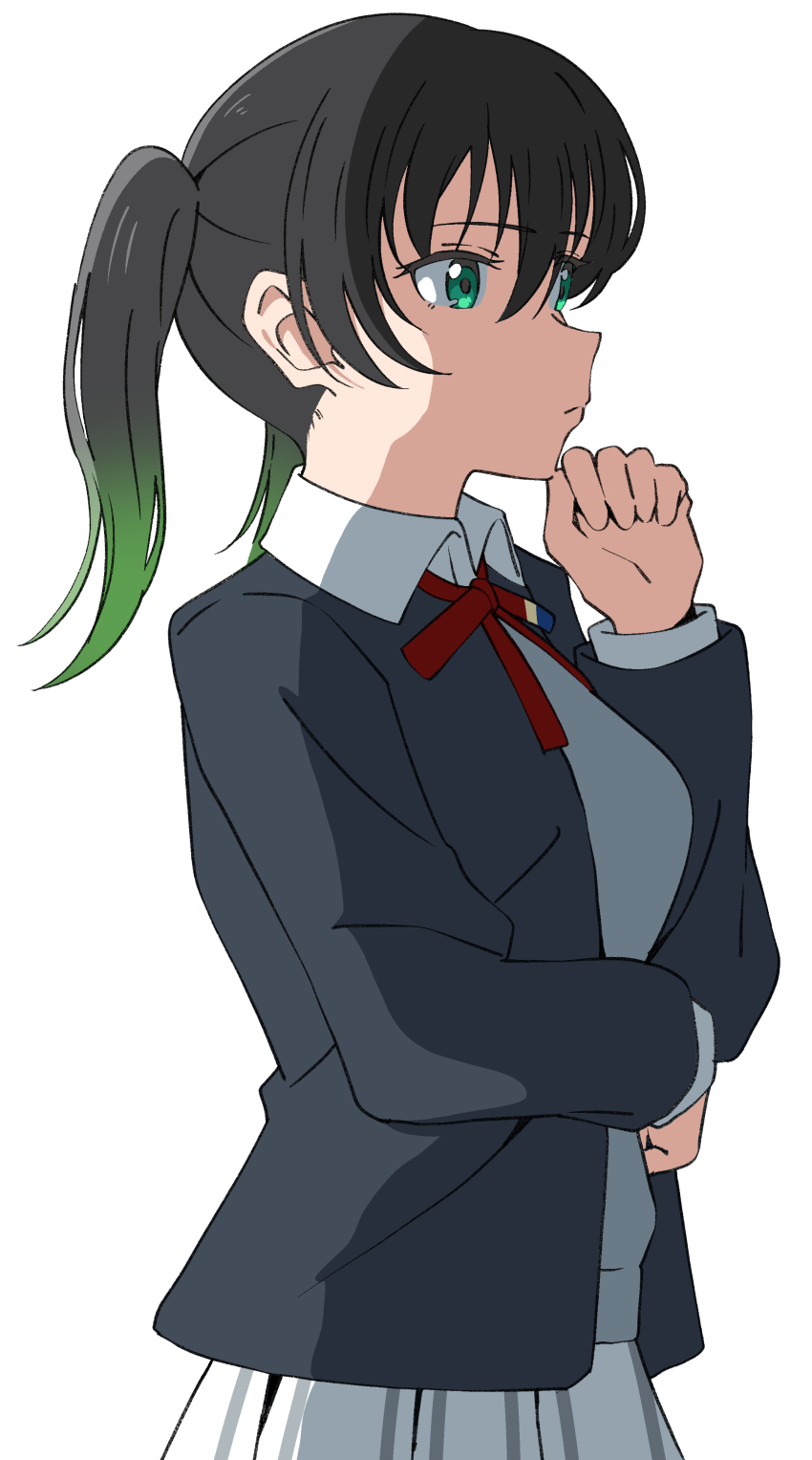 1girl absurdres black_hair black_jacket breasts closed_mouth collared_shirt commentary dress_shirt gradient_hair green_eyes green_hair grey_sweater highres jacket long_sleeves looking_ahead love_live! love_live!_nijigasaki_high_school_idol_club medium_breasts medium_hair multicolored_hair neck_ribbon nijigasaki_school_uniform open_clothes open_jacket plaid_clothes plaid_skirt pleated_skirt red_ribbon ribbon school_uniform shirt simple_background skirt solo sweater takasaki_yu twintails uchuu_no_mozuku upper_body white_background white_shirt white_skirt winter_uniform