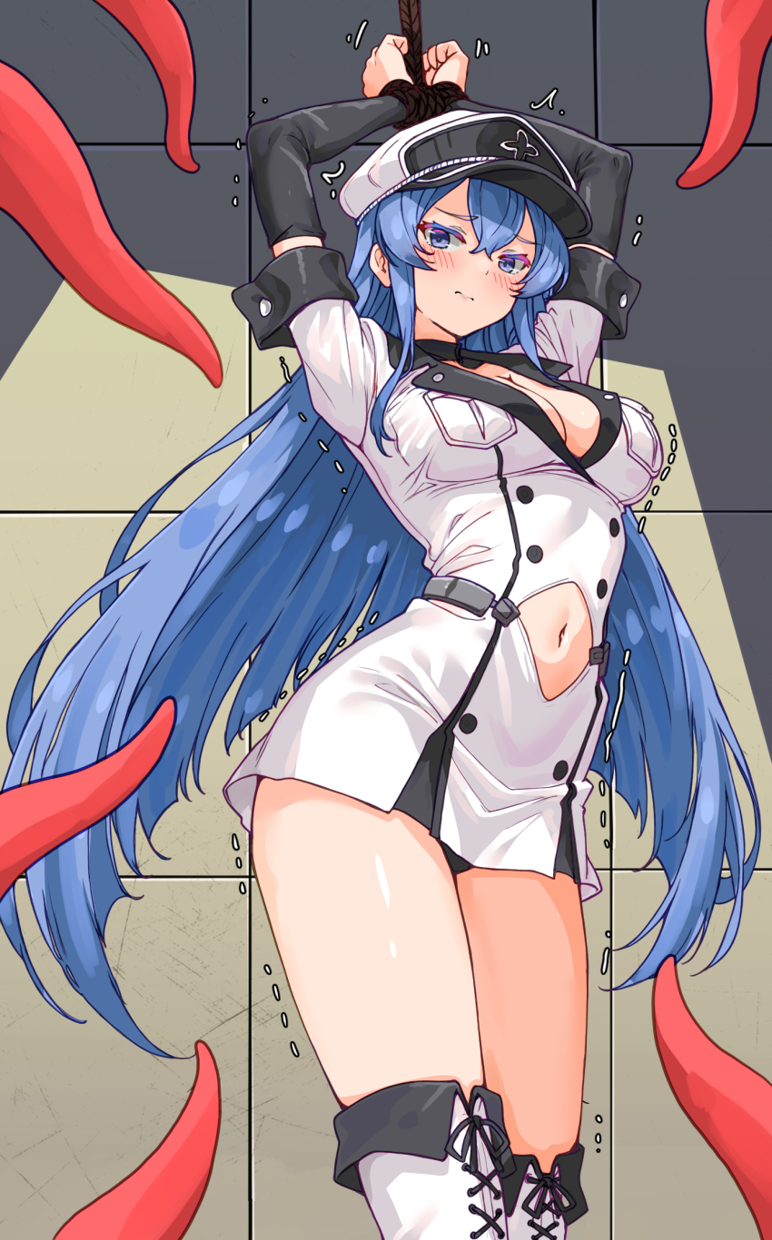1girl akame_ga_kill! arms_up bakasp-lilzy black_choker black_panties blue_eyes blue_hair blush bound bound_wrists breasts choker cleavage closed_mouth clothing_cutout dress esdeath hat highres large_breasts long_hair military_hat navel navel_cutout panties pantyshot peaked_cap restrained rope short_dress solo tentacles thighhighs thighs tile_wall tiles trembling underwear very_long_hair white_dress white_hat white_thighhighs