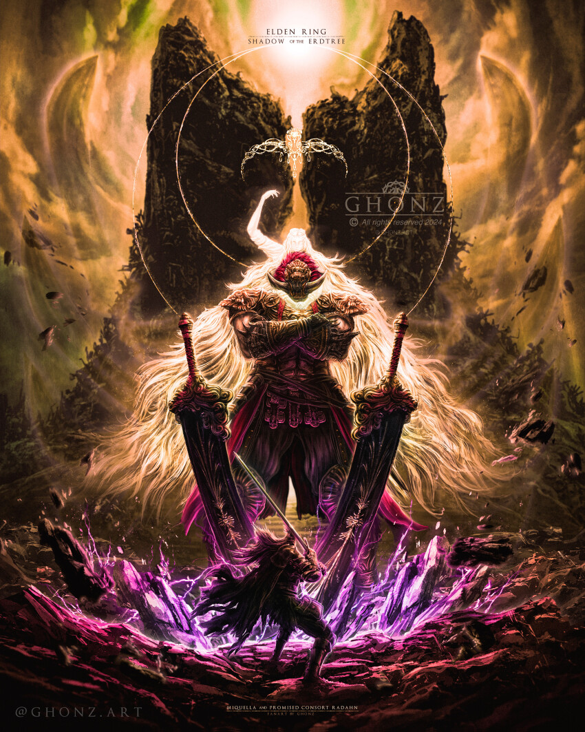 2024 3boys @_(symbol) absurdly_long_hair absurdres armor artist_name battle blonde_hair bloody_wolf_(elden_ring) breastplate brothers cape character_name cloak closed_eyes commentary copyright_name dated dual_wielding elden_ring elden_ring:_shadow_of_the_erdtree elden_ring_(object) english_commentary fake_horns fighting_stance full_armor fur_cloak gauntlets ghonz_art giant giant_male gold_armor greatsword half-siblings helm helmet highres holding holding_sword holding_weapon horned_helmet horns long_hair miquella_(elden_ring) multiple_boys plume promised_consort_radahn red_hair shoulder_armor siblings sleeveless_tunic starscourge_greatsword sword tarnished_(elden_ring) tunic very_long_hair wavy_hair weapon white_hair white_tunic yellow_eyes