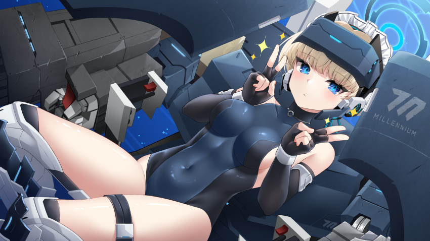 1girl bare_shoulders black_gloves blonde_hair blue_archive blue_eyes blue_leotard breasts closed_mouth covered_navel double_v elbow_gloves expressionless fingerless_gloves gloves halo hands_up headgear highres leotard looking_at_viewer maid_headdress mecha mechanical_legs medium_breasts official_art robot sitting solo sparkle thighs toki_(abi-eshuh)_(blue_archive) toki_(blue_archive) umou_(may65879) v