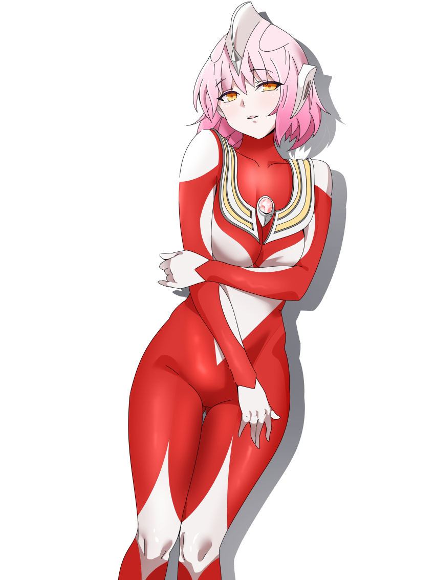 1girl absurdres armor bob_cut bodysuit breastplate breasts chinese_commentary collarbone color_timer commentary contrapposto cowboy_shot crystal dorsal_fin drop_shadow forehead_jewel genderswap genderswap_(mtf) hair_between_eyes hand_on_own_arm hand_on_own_thigh headgear highres humanization knees_together_feet_apart light_smile looking_at_viewer multicolored_bodysuit orange_eyes parted_lips pink_hair red_bodysuit short_hair silver_bodysuit simple_background skin_tight small_breasts solo standing tokusatsu ultra_series ultraman_tiga ultraman_tiga_(power_type) ultraman_tiga_(series) white_background yi_(user_jwth4284)