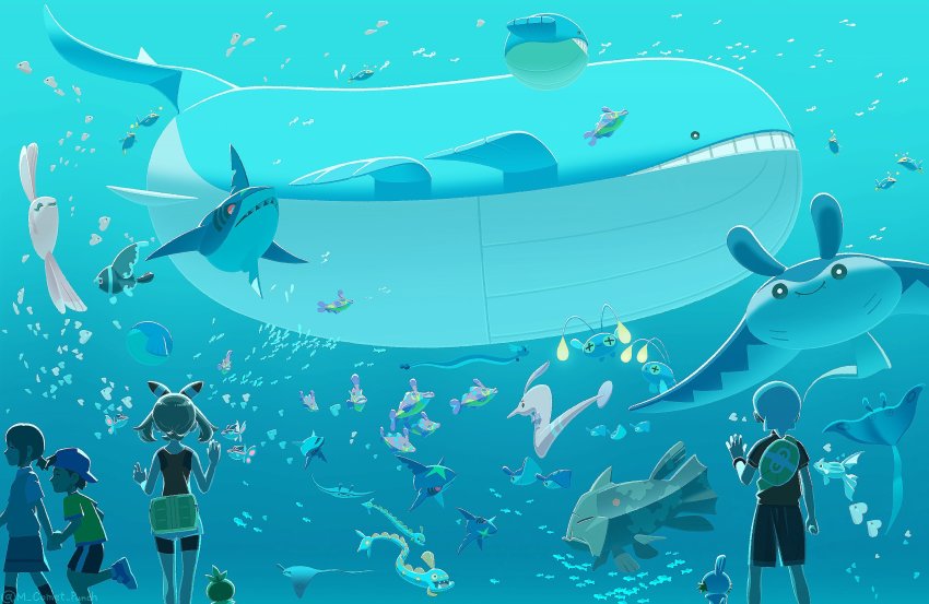 2boys 2girls alomomola aquarium backpack backwards_hat bag baseball_cap bike_shorts blue_headwear brendan_(pokemon) brown_hair bruxish commentary fanny_pack finneon fish gen_2_pokemon gen_3_pokemon gen_4_pokemon gen_5_pokemon gen_7_pokemon gorebyss green_bag hands_up hat highres huntail komepan lanturn lass_(pokemon) luvdisc mantine mantyke may_(pokemon) mudkip multiple_boys multiple_girls nintendo pokemon pokemon_(creature) pokemon_oras remoraid running sharpedo shirt shorts sleeveless sleeveless_shirt standing torchic twitter_username wailmer wailord watermark white_shorts yellow_bag yellow_shirt youngster_(pokemon)