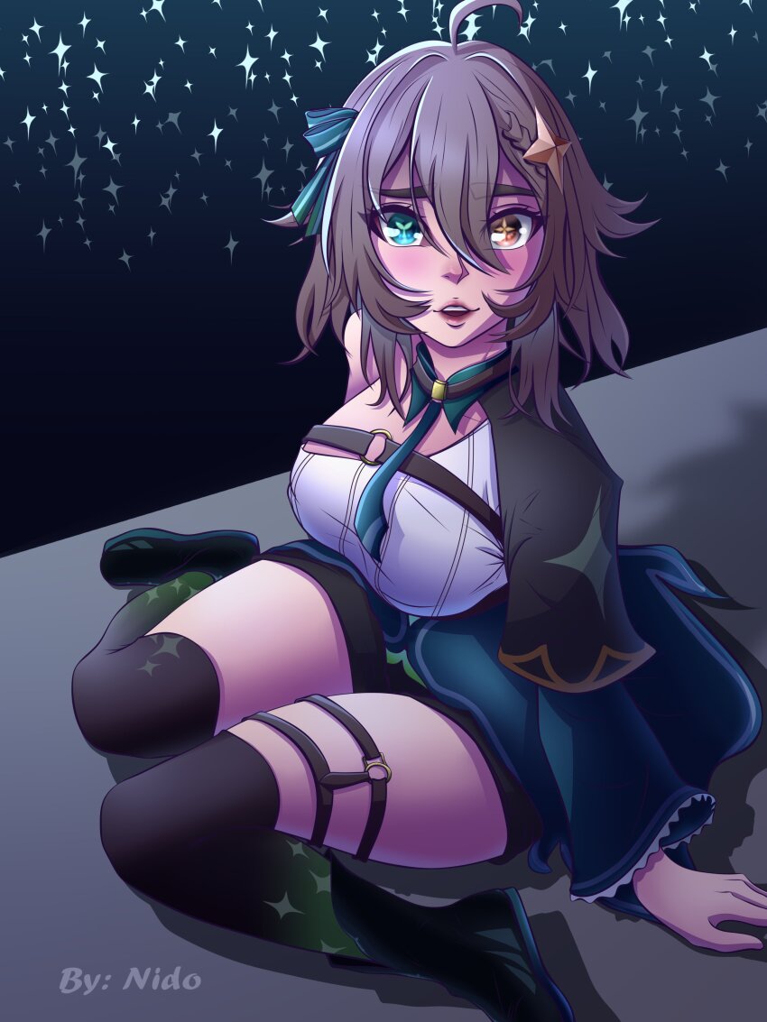 1girl absurdres affternido arms_at_sides artist_name black_shorts black_thighhighs boots breast_strap breasts brown_eyes brown_hair cape collar detached_collar detached_sleeves eyebrows eyelashes female_focus from_above full_body gradient_clothes green_boots green_cape green_collar green_eyes green_ribbon green_sleeves green_thighhighs hair_ribbon heterochromia highres chromashift large_breasts lips long_hair long_sleeves looking_at_viewer looking_up meica_(vtuber) meica_(vtuber)_(1st_costume) open_mouth ribbon shirt shorts single-shoulder_shirt single_shoulder_pad sitting solo teeth thigh_boots thigh_strap thighhighs two-tone_thighhighs upper_teeth_only virtual_youtuber waist_cape wariza watermark white_shirt wide_sleeves