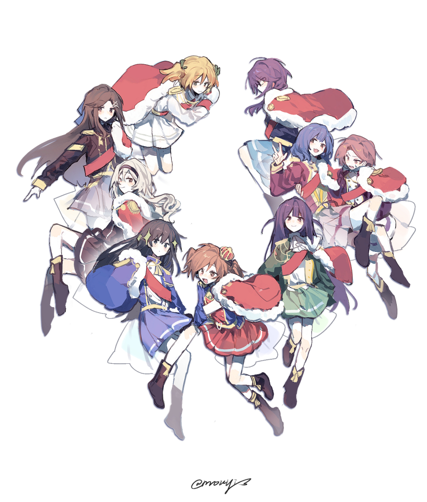 6+girls aijou_karen black_footwear blonde_hair blue_bow boots bow brown_hair cape carrying crown daiba_nana full_body glasses hair_bow hair_ornament hanayagi_kaoruko hand_up highres hoshimi_junna isurugi_futaba kagura_hikari long_hair looking_at_viewer low_ponytail mini_crown mouyimouyi multiple_girls open_mouth pleated_skirt ponytail princess_carry purple_eyes purple_hair red_bow red_cape red_sash red_skirt saijou_claudine sash seishou_music_academy_uniform shoujo_kageki_revue_starlight simple_background skirt smile star_(symbol) star_hair_ornament tendou_maya tsuyuzaki_mahiru twintails two_side_up very_long_hair w white_background