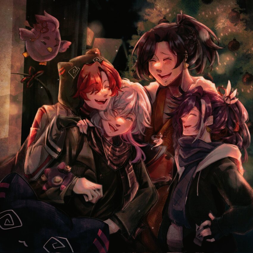 4boys @_@ banzoin_hakka black_hair blue_eyes blue_hair blush christmas christmas_tree closed_eyes commentary earrings ember_(embertinted) english_commentary feather_hair_ornament feathers fingerless_gloves gavis_bettel gloves grey_hair hair_between_eyes hair_ornament hakkito_(banzoin_hakka) happy high_ponytail highres holostars holostars_english holotempus hood hood_up jewelry josuiji_shinri koipanion_(josuiji_shinri) laughing long_hair long_sleeves machina_x_flayon machiroon_(machina_x_flayon) male_focus medium_hair multicolored_hair multiple_boys nail_polish night one_eye_closed open_mouth outdoors phantom_(gavis_bettel) pink_hair ponytail purple_hair red_hair scarf short_hair smile streaked_hair tassel tassel_earrings upper_body virtual_youtuber winter