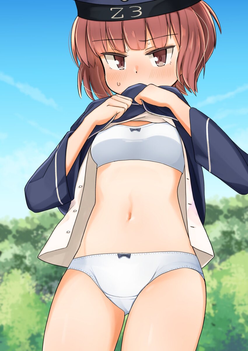 1girl blue_sky bra brown_eyes brown_hair bush clothes_lift cloud commentary_request commission cowboy_shot day dress dress_lift hat highres kantai_collection looking_at_viewer navel outdoors panties sailor_collar sailor_hat short_hair skeb_commission sky solo training_bra underwear white_bra white_panties yotubawatane z3_max_schultz_(kancolle)