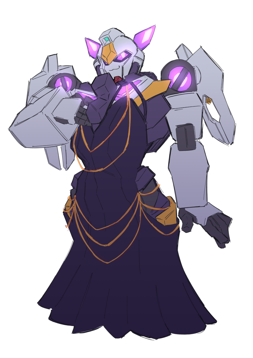 :3 black_dress clothed_robot commentary cosmikaizer dress english_commentary galatikaizer_(comsikaizer) glowing glowing_eyes highres hip_vent looking_to_the_side mecha mecha_focus meme_attire modakawa_dress original purple_eyes robot simple_background solo white_background