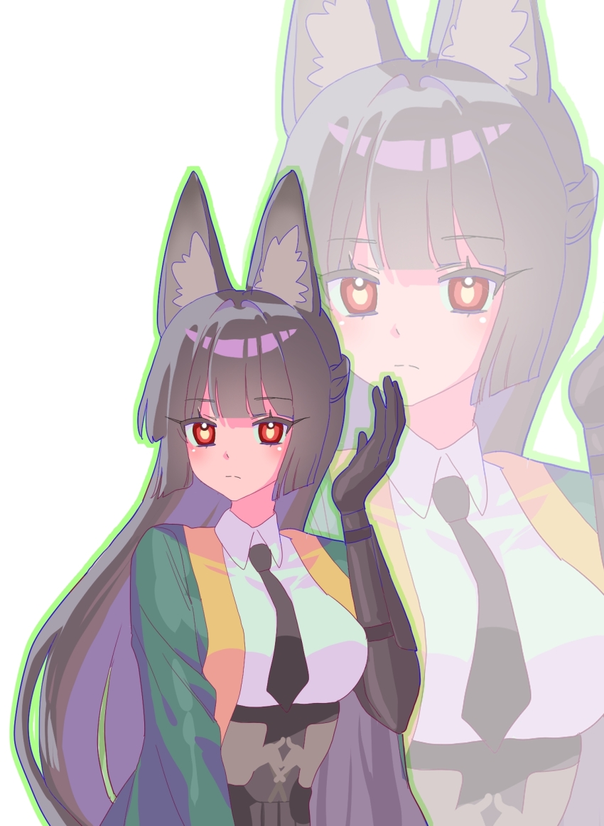 1girl animal_ear_fluff animal_ears black_hair black_necktie blunt_bangs blush closed_mouth dress_shirt fox_ears fox_girl gauntlets green_jacket highres hoshimi_miyabi jacket jihwado long_hair looking_at_viewer necktie red_eyes shirt simple_background single_gauntlet solo upper_body white_background white_shirt zenless_zone_zero zoom_layer