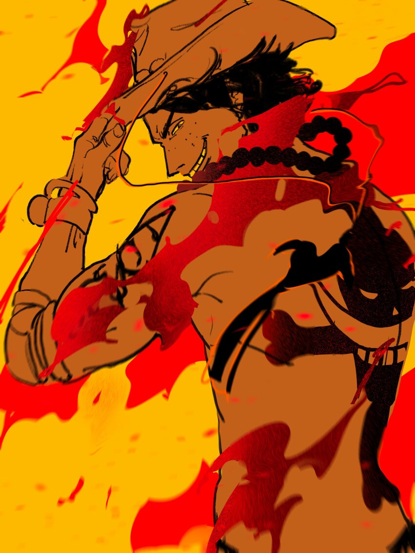 1boy absurdres arm_tattoo back back_tattoo commentary fengcheche finger_on_hat fire freckles hat highres jewelry jolly_roger log_pose looking_back necklace one_piece pearl_necklace portgas_d._ace short_hair simple_background solo symbol-only_commentary tattoo upper_body whitebeard_pirates_jolly_roger yellow_background