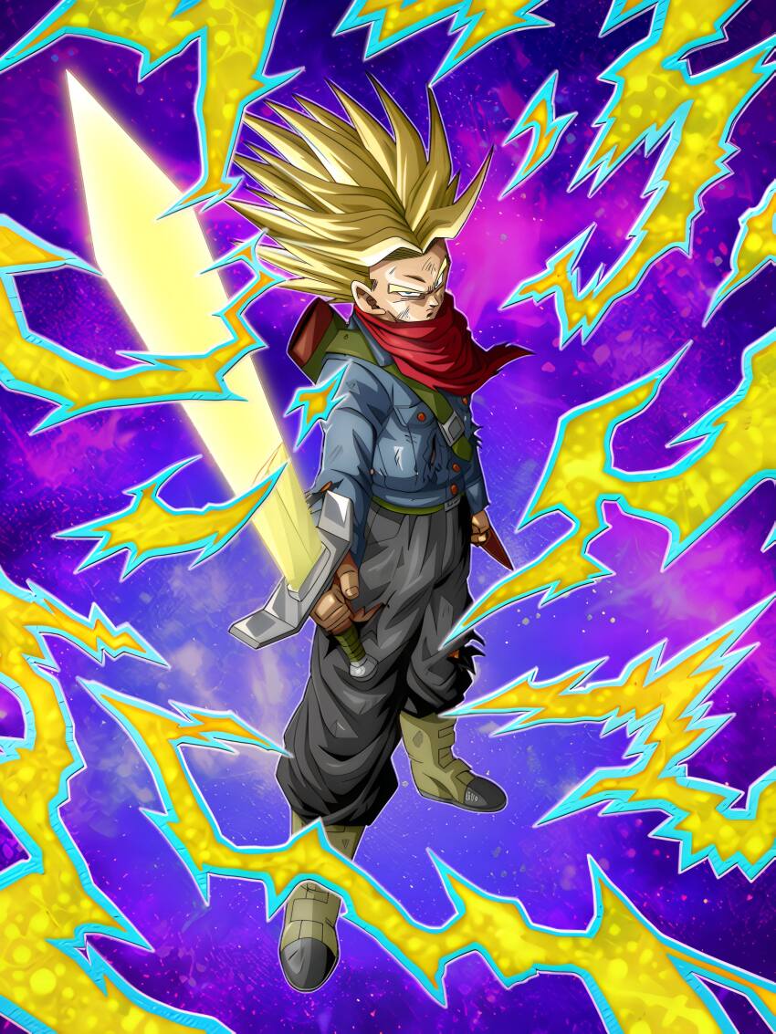 1boy absurdres blonde_hair dokkan_battle dragon_ball dragon_ball_super green_eyes highres lightning looking_at_viewer official_art scratches serious solo spiked_hair super_saiyan_rage sword torn_clothes trunks_(dragon_ball) trunks_(future)_(dragon_ball) weapon