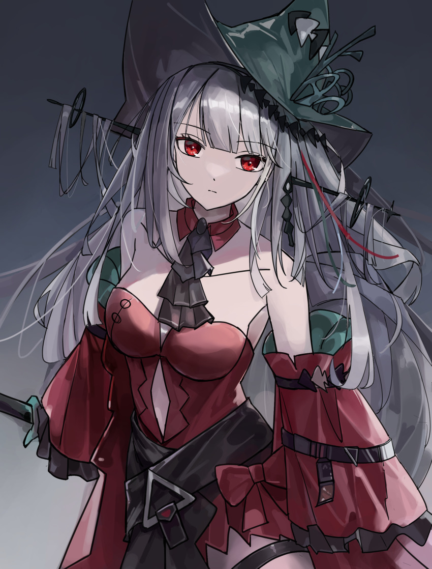 1girl absurdres angelfish aqua_gloves aqua_hat arknights ascot bare_shoulders black_ascot blunt_bangs breasts closed_mouth clothing_cutout cowboy_shot detached_sleeves dress fish gloves grey_background grey_hair hat highres holding holding_staff leg_ribbon lemoz long_hair long_sleeves looking_at_viewer navel_cutout official_alternate_costume pointy_hat red_dress red_eyes red_sleeves ribbon simple_background skadi_(arknights) skadi_the_corrupting_heart_(arknights) solo staff standing tropical_fish very_long_hair