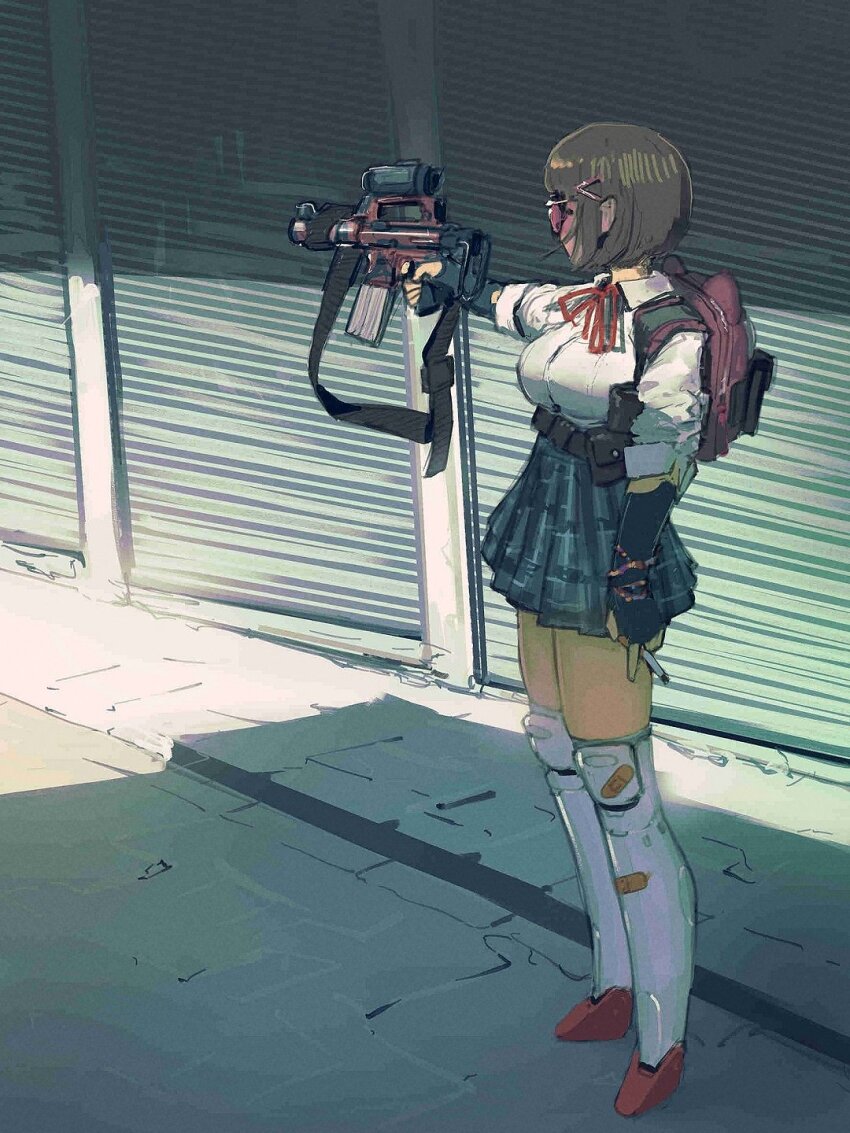 1girl aiming ammunition_pouch animal_bag backpack bag belt black_belt blue_skirt breasts brown_hair cat_bag cigarette cyborg fingerless_gloves full_body glasses gloves gun hair_ornament hairclip highres holding holding_cigarette holding_gun holding_weapon large_breasts looking_to_the_side mechanical_legs miniskirt notfuji original outdoors pleated_skirt pouch science_fiction scope shirt short_hair skirt sleeves_rolled_up solo standing turning_head weapon white_shirt