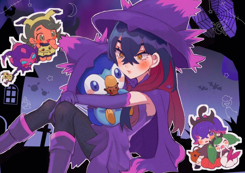 3girls abe_(kumayu) black_hair black_pantyhose blush boots carmine_(pokemon) chibi commentary_request cosplay crescent crossed_bangs dot_(pokemon) dress drifloon duskull elbow_gloves eyelashes gen_1_pokemon gen_3_pokemon gen_4_pokemon gen_5_pokemon gen_7_pokemon gloves hair_between_eyes halloween hat highres holding holding_pokemon knees_together_feet_apart litwick long_hair mallow_(pokemon) mimikyu mimikyu_(cosplay) mismagius mismagius_(cosplay) mole mole_under_eye multiple_girls nintendo outline pantyhose pikachu piplup poipole pokemon pokemon_(anime) pokemon_(creature) pokemon_horizons pokemon_sm pokemon_sv purple_dress purple_footwear purple_gloves purple_headwear silhouette silk spider_web star_(symbol) steenee ultra_beast woobat zubat