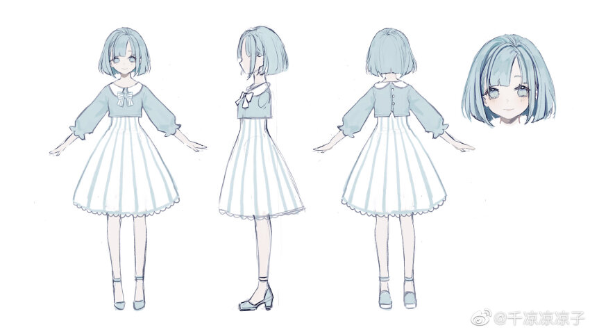 1girl blue_eyes blue_footwear blue_hair blue_shirt blunt_bangs blunt_ends bob_cut bow bowtie reference_sheet chinese_commentary closed_mouth collared_dress commentary_request cropped_shoulders dot_nose dress eyelashes frilled_sleeves frills from_behind from_side full_body high_heels highres lace lace-trimmed_dress lace_trim light_blush long_sleeves looking_at_viewer medium_dress multiple_views original puffy_long_sleeves puffy_sleeves pumps senryoko shirt short_hair simple_background smile striped_bow striped_bowtie striped_clothes striped_dress vertical-striped_clothes vertical-striped_dress watermark weibo_watermark white_background white_bow white_bowtie white_dress