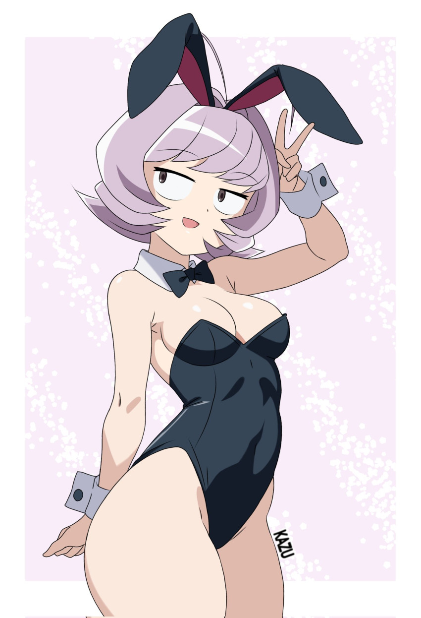 1girl ahoge animal_costume antenna_hair antennae armpits artist_name breasts brown_eyes choker colored_skin curvy female_focus hair_ornament highres komi-san_wa_komyushou_desu leotard medium_breasts open_mouth osana_najimi_(komi-san_wa_komyushou_desu) peace_symbol pink_hair playboy_bunny purple_hair rabbit_costume rabbit_ears ribbon_choker shiny_skin short_hair simple_background solo solo_focus thick_thighs thighhighs thighs white_skin wristband