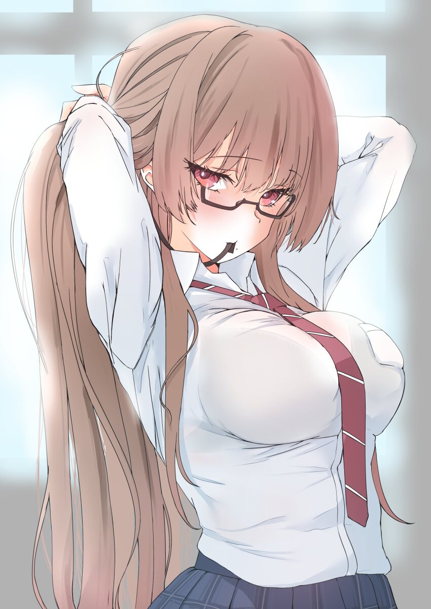 1girl absurdres adjusting_hair azur_lane blush breasts brown_hair glasses hair_ribbon highres large_breasts long_hair looking_at_viewer mole mole_under_mouth necktie official_alternate_costume p.i.t.d ponytail red_eyes red_necktie ribbon semi-rimless_eyewear shirt skirt solo swiftsure_(azur_lane) swiftsure_(study_hall_cyclamen)_(azur_lane) white_shirt