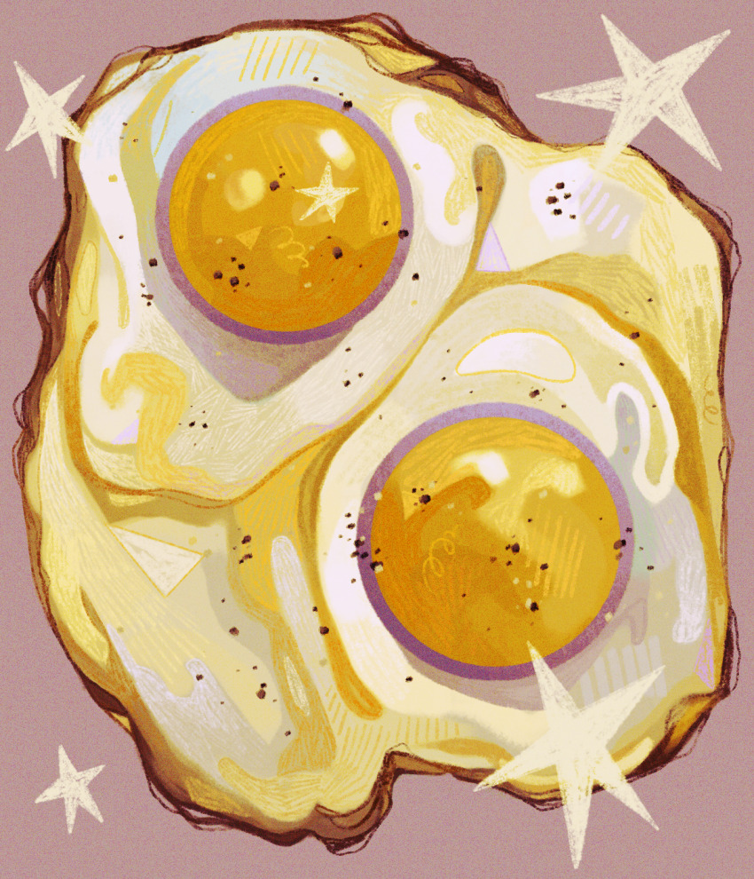 breakfast close-up color_contrast commentary egg egg_(food) egg_yolk film_grain food food_focus fried_egg hatching_(texture) highres limited_palette muted_color no_humans original pepper_(spice) purple_background quezify simple_background sparkle squiggle star_(symbol) still_life symbol-only_commentary