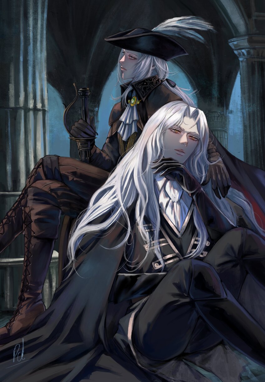 1boy 1girl absurdres ascot black_boots black_gloves black_hat black_jacket black_pants bloodborne blue_eyes boots castlevania_(series) character_request check_copyright commentary copyright_request crossed_legs english_commentary feet_out_of_frame gem gloves green_gemstone half-closed_eyes hand_up hat hat_feather henoopd highres holding holding_sword holding_weapon jacket knees_up long_hair looking_to_the_side pants parted_lips pillar ponytail profile signature sitting sword tricorne weapon white_ascot white_hair yellow_eyes