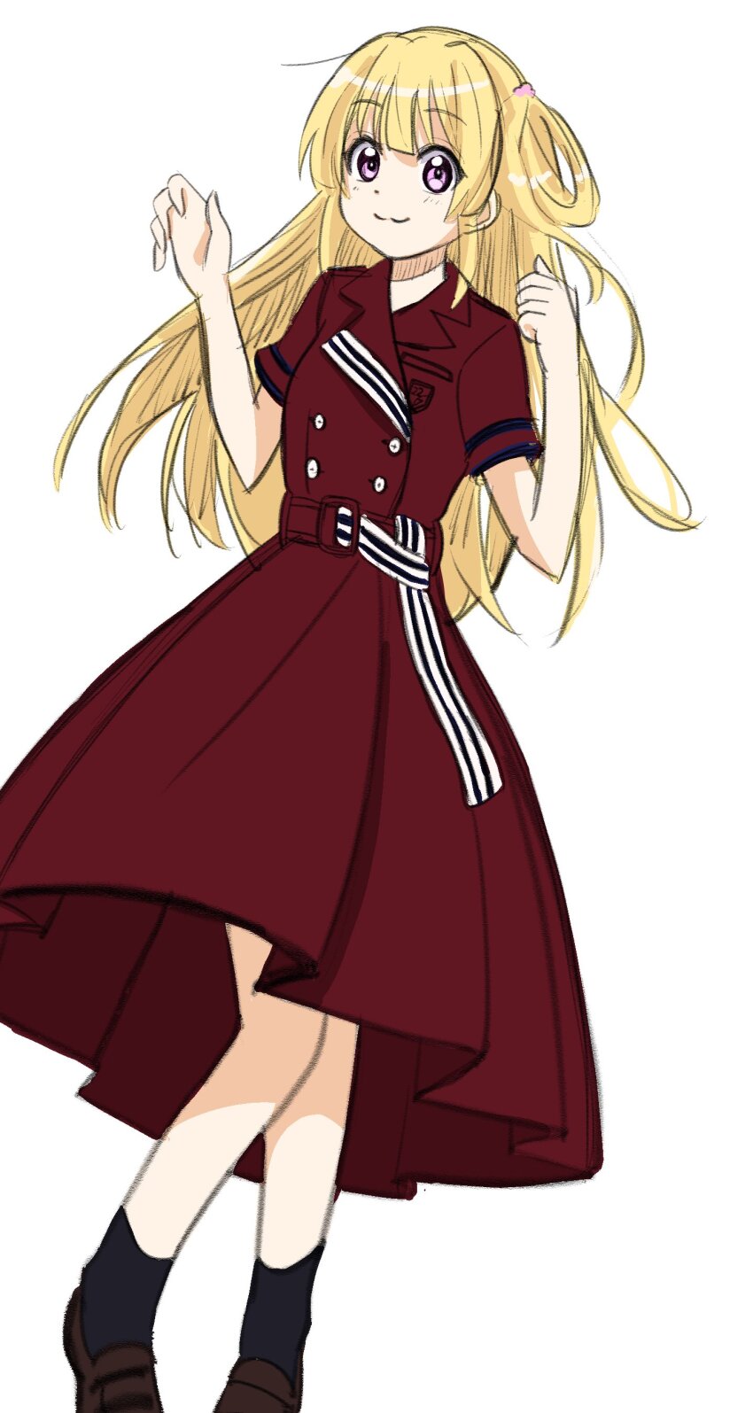 1girl 22/7 :3 absurdres belt belt_buckle black_socks blonde_hair brown_shoes buckle buttons closed_mouth double-breasted dress fujima_sakura full_body hair_rings highres loafers long_hair looking_at_viewer nani_mo_shiteagerarenai one_side_up pleated_dress purple_eyes qualitas_ayai red_dress shoes short_sleeves simple_background single_hair_ring smile socks solo standing white_background
