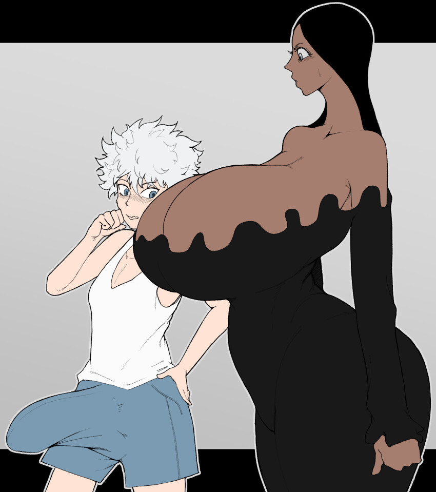 black_hair blue_eyes blush breasts bulge cleavage dark-skinned_female dark_skin dress erection erection_under_clothes highres huge_breasts hunter_x_hunter interracial killua_zoldyck looking_at_another shorts size_difference smoxul white_hair