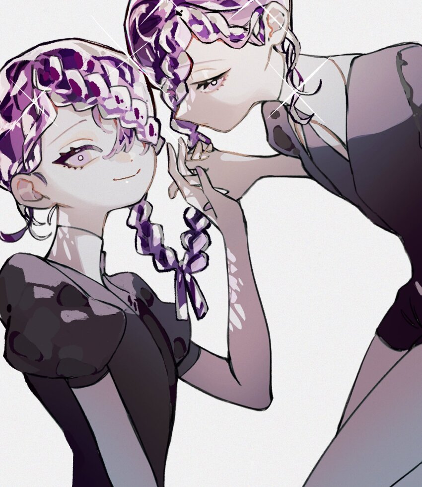 2others amethyst_(houseki_no_kuni) braid braided_bangs formal_clothes gem_uniform_(houseki_no_kuni) hair_over_one_eye highres holding_hands houseki_no_kuni multiple_others other_focus puffy_short_sleeves puffy_sleeves purple_eyes purple_hair shiro_(kuro_guu) short_hair short_shorts short_sleeves shorts siblings simple_background suit twins white_background