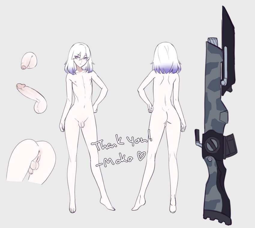 1other anus bayonet black_pantyhose erection flaccid from_behind futanari gradient_hair grey_background gun highres male_focus medium_hair mokotoko9 multicolored_hair nipples nude original pale_skin pantyhose penis purple_eyes pussy rifle simple_background small_penis testicles thank_you weapon white_hair