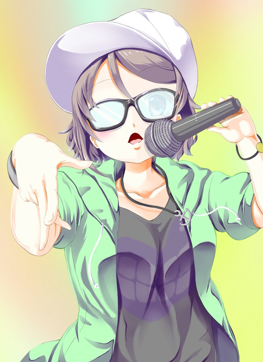 10s 1girl anchor_necklace baseball_cap black-framed_eyewear black_shirt bracelet commentary_request female_focus glasses green_jacket grey_hair hand_gesture hat hayaoki_(asagi-iro_seishun-bu) highres holding holding_microphone hood hood_down hooded_jacket jacket jewelry love_live! love_live!_school_idol_festival love_live!_sunshine!! microphone necklace opaque_glasses open_mouth pointing pointing_down rap shirt short_hair solo upper_body watanabe_you wristband