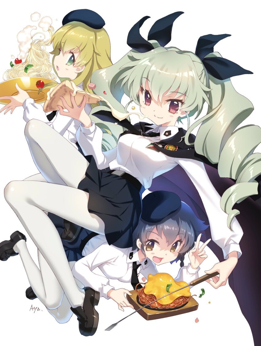 3girls :d anchovy_(girls_und_panzer) anzio_(emblem) anzio_school_uniform bell_pepper bell_pepper_slice belt beret black_belt black_cape black_hair black_headwear black_necktie black_ribbon black_skirt blonde_hair braid breasts brown_eyes brown_footwear cape carpaccio_(girls_und_panzer) cherry_tomato chestnut_mouth commentary_request dress_shirt drill_hair emblem floating food girls_und_panzer green_eyes green_hair green_pepper hat highres holding holding_food holding_pizza holding_plate holding_riding_crop italian_flag kadoi_aya loafers long_hair looking_at_viewer medium_breasts miniskirt multiple_girls necktie open_mouth pantyhose pasta pepperoni_(girls_und_panzer) pizza plate red_eyes ribbon riding_crop school_uniform shirt shoes short_hair side_braid simple_background skirt smile tareme tomato tsurime twin_drills twintails v white_background white_pantyhose white_shirt
