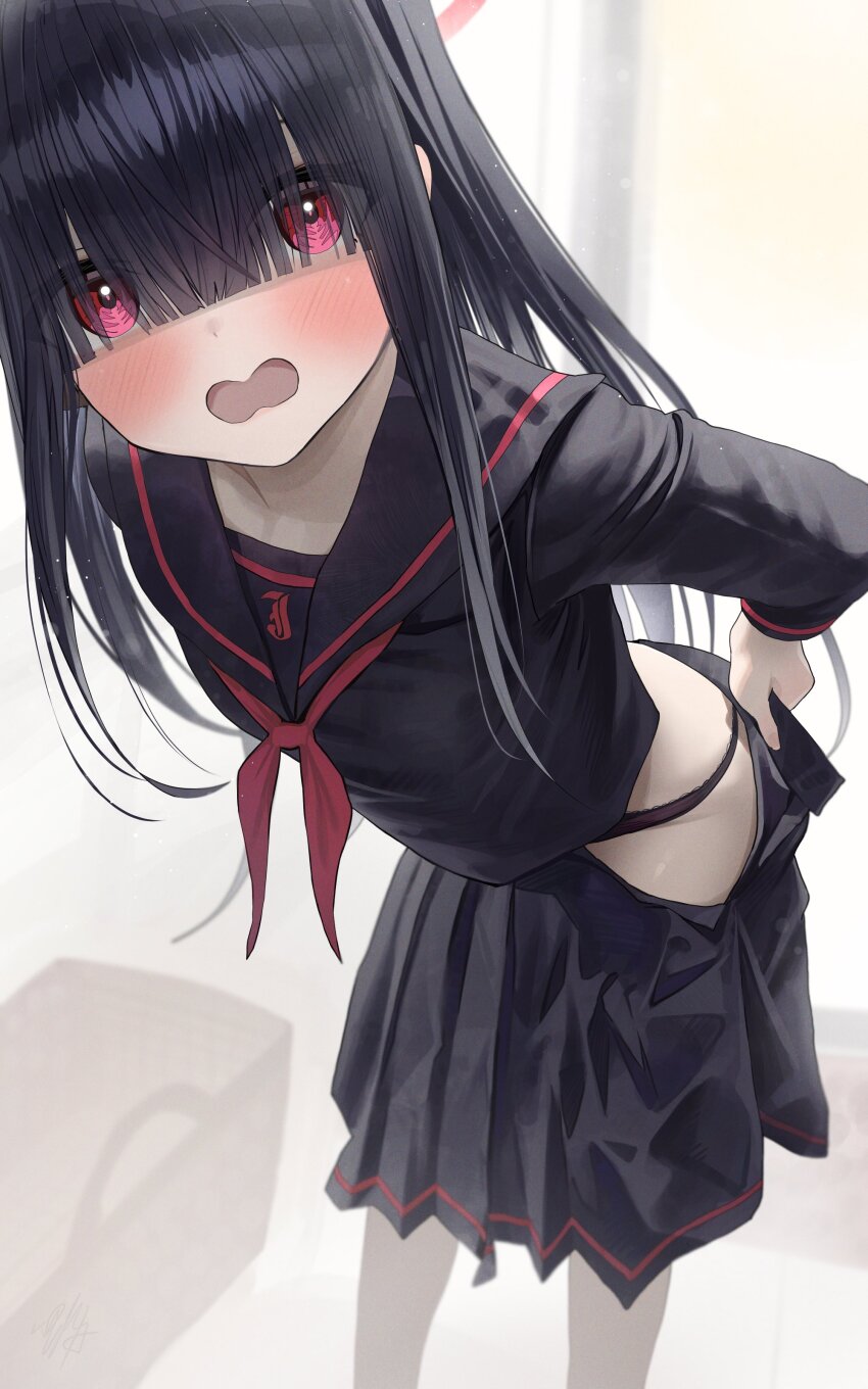 1girl absurdres bad_id bad_twitter_id bent_over black_hair black_panties black_sailor_collar black_serafuku black_shirt black_skirt blue_archive blunt_bangs blush commentary_request embarrassed extra hair_over_eyes halo hidulume highres justice_task_force_member_(blue_archive) long_bangs long_hair looking_at_viewer neckerchief open_mouth panties red_eyes red_halo red_neckerchief sailor_collar school_uniform serafuku shirt skirt solo underwear undressing