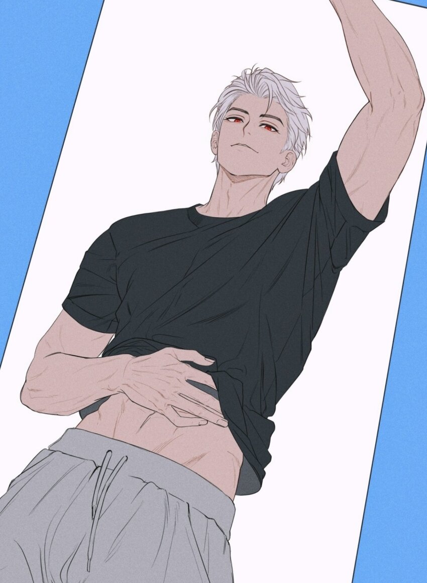 1boy arm_up black_shirt boonannas closed_mouth clothes_lift commentary cowboy_shot crew_neck drawstring english_commentary grey_pants groin hand_on_own_stomach highres looking_at_viewer love_and_deepspace male_focus midriff pants red_eyes shirt shirt_lift short_hair short_sleeves solo sweatpants sylus_(love_and_deepspace) t-shirt white_hair