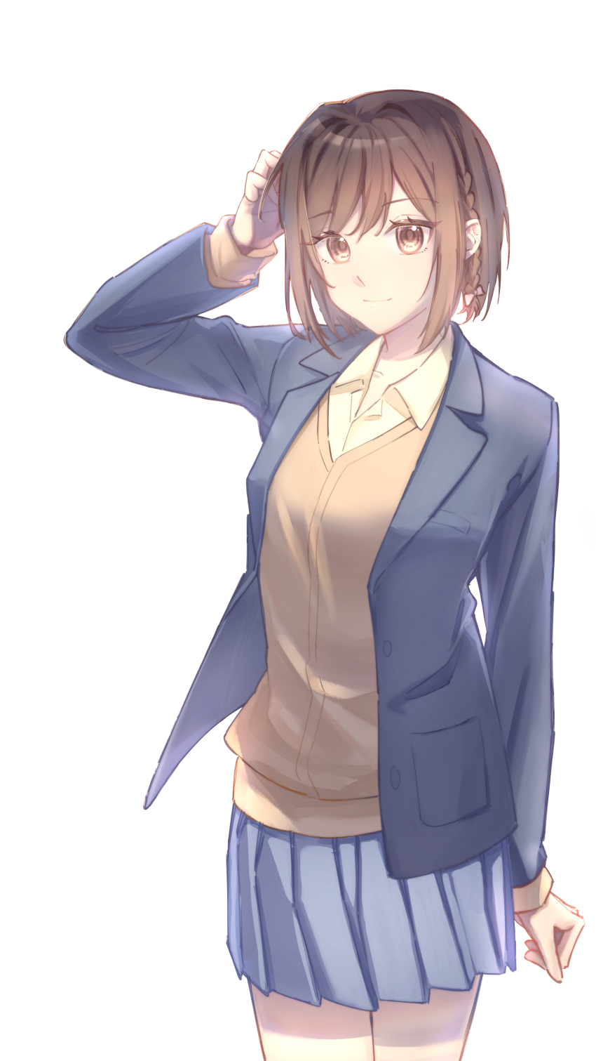 1girl 25-ji_nightcord_de._(project_sekai) absurdres blazer blue_jacket blue_skirt braid brown_eyes brown_hair closed_mouth collared_shirt cowboy_shot fire/r highres jacket long_sleeves looking_at_viewer open_clothes open_jacket pleated_skirt project_sekai school_uniform shinonome_ena shirt short_hair simple_background skirt smile solo standing white_background white_shirt