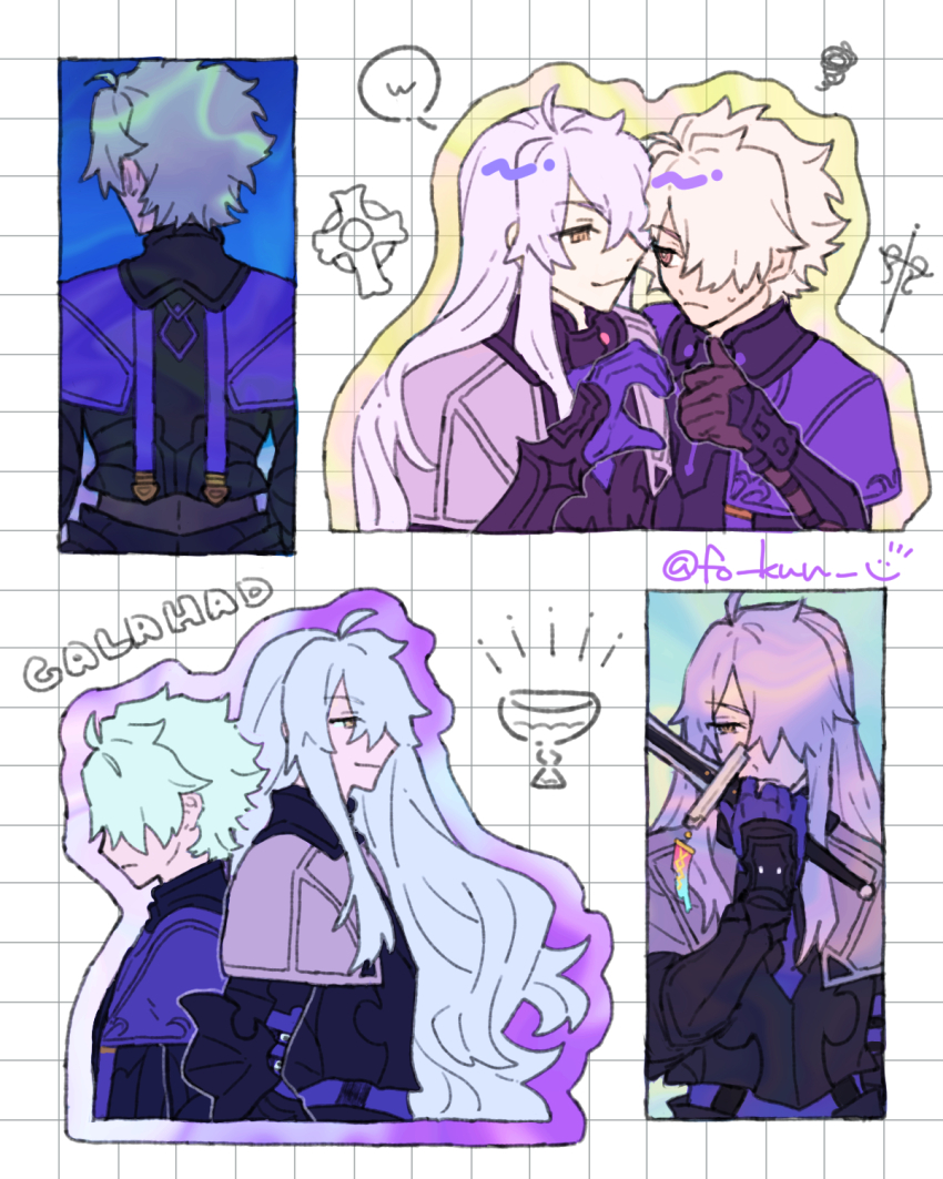 2boys :3 armor back-to-back brown_eyes character_name chickenuma_0 closed_mouth dual_persona fate/grand_order fate/requiem fate_(series) from_behind frown galahad_(fate) galahad_alter_(fate) gloves grid_background hair_over_one_eye half-heart_hands heart heart_hands heart_hands_duo heart_hands_failure highres holding holding_sword holding_weapon holy_grail_(fate) long_hair looking_at_another male_focus multiple_boys multiple_views purple_gloves shield short_hair side-by-side sidelocks simple_background smile speech_bubble squiggle sweat sword thumbs_up twitter_username weapon white_background white_hair yellow_eyes