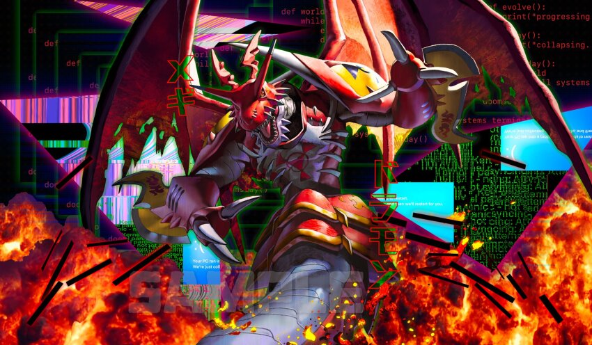 arm_blade bly_mead claws digimon digimon_(creature) dragon fire glitch highres megidramon no_humans red_scales red_wings sharp_teeth solo teeth torn_wings weapon wings