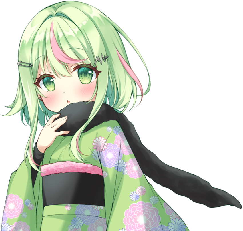 1girl black_sash black_scarf blush chestnut_mouth commentary_request fur_scarf green_eyes green_hair green_kimono hair_intakes highres hinokuma_ran indie_virtual_youtuber japanese_clothes kimono looking_at_viewer multicolored_hair obi open_mouth pink_hair sash scarf short_hair_with_long_locks sidelocks simple_background solo streaked_hair transparent_background upper_body usaba_(usabara_c) virtual_youtuber