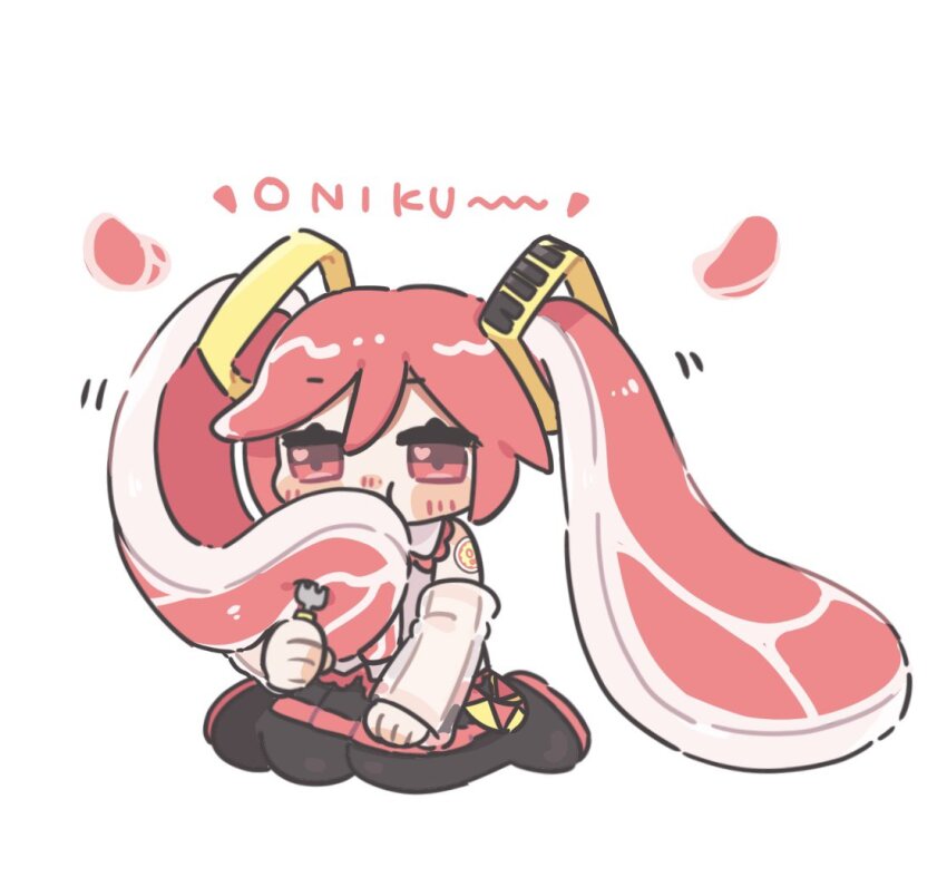 1girl anko_omotimoti chibi eating food food-themed_hair fork full_body hatsune_miku holding holding_fork long_hair meat niku_miku_(nankai) raw_meat red_eyes red_hair self-cannibalism simple_background sitting solo very_long_hair vocaloid white_background