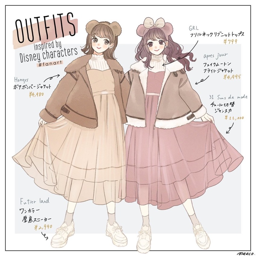 2girls animal_ears animification bow dress duffy_and_friends duffy_the_disney_bear fake_animal_ears full_body genderswap humanization long_hair long_sleeves looking_at_viewer meecosme multiple_girls personification shelliemay shirt shoes short_hair smile standing