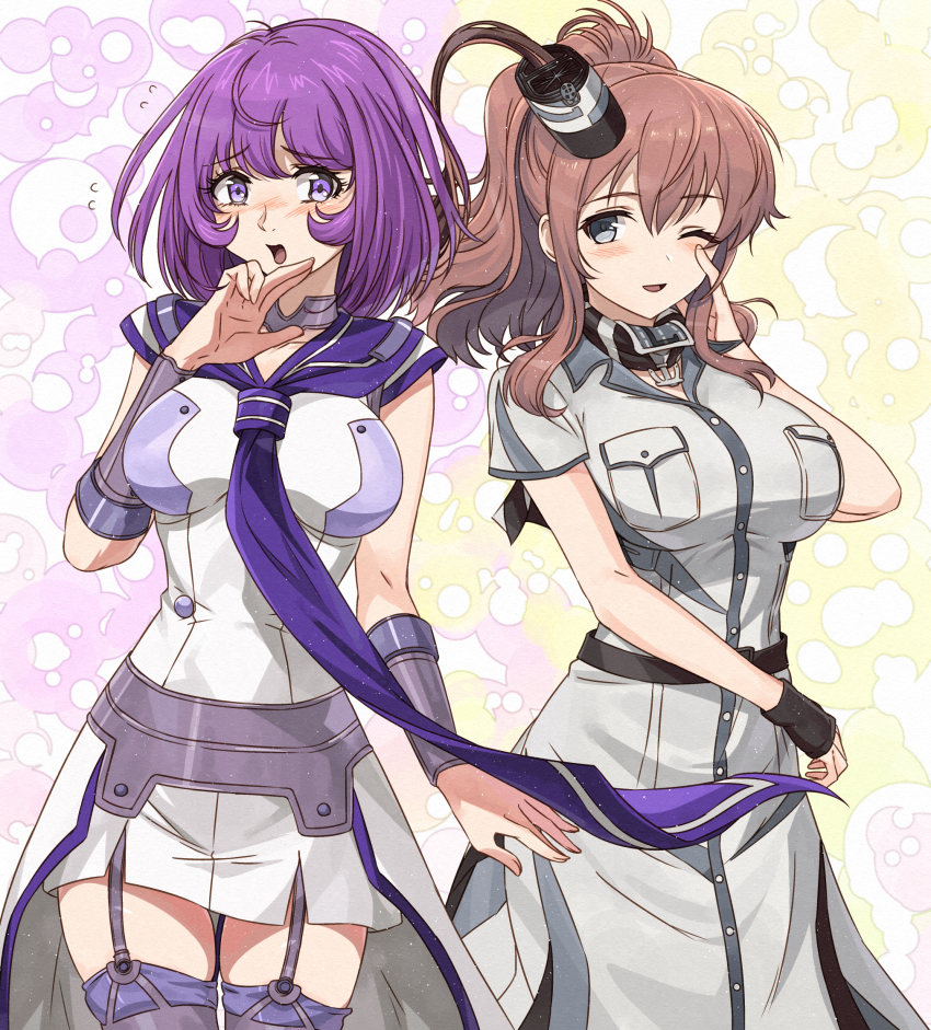 2girls belt blue_eyes breast_pocket breasts brown_hair dress garter_straps gradient_background hair_between_eyes highres kanmiya_shinobu kantai_collection large_breasts lexington_(kancolle) long_hair long_necktie looking_at_viewer medium_hair multiple_girls neckerchief necktie open_mouth pocket ponytail purple_background purple_eyes purple_hair purple_neckerchief purple_necktie purple_sailor_collar purple_thighhighs red_belt red_thighhighs sailor_collar sailor_dress saratoga_(kancolle) saratoga_mk_ii_(kancolle) siblings side_ponytail sisters smile smokestack smokestack_hair_ornament thighhighs white_dress white_overskirt yellow_background